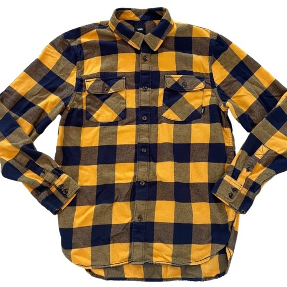 VANS Plaid Flannel Button Up Shirt Mens M Blue Gold Classic Fit Long Sleeve - Picture 1 of 6